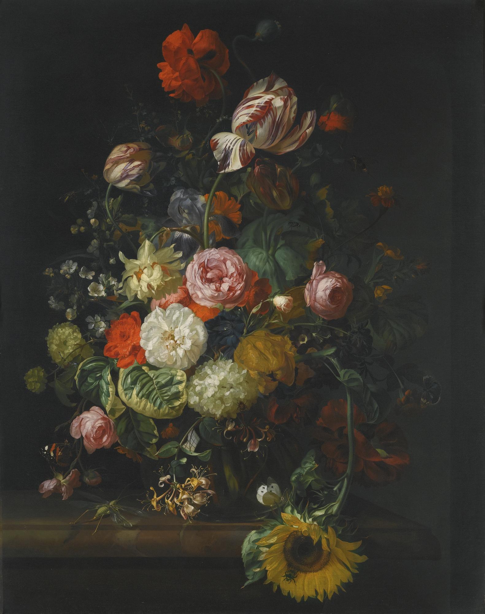 Rachel Ruysch - Still Life Of Roses, Tulips, A Sunflower And Other Flowers In A Glass Vase With A Bee, Butterfly And Other Insects Upon A Marble Ledge