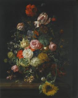Rachel Ruysch - Still Life Of Roses, Tulips, A Sunflower And Other Flowers In A Glass Vase With A Bee, Butterfly And Other Insects Upon A Marble Ledge