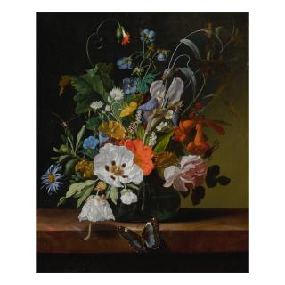 Rachel Ruysch - Still life with flowers in a vase on a ledge with a dragonfly, caterpillar, and butterfly