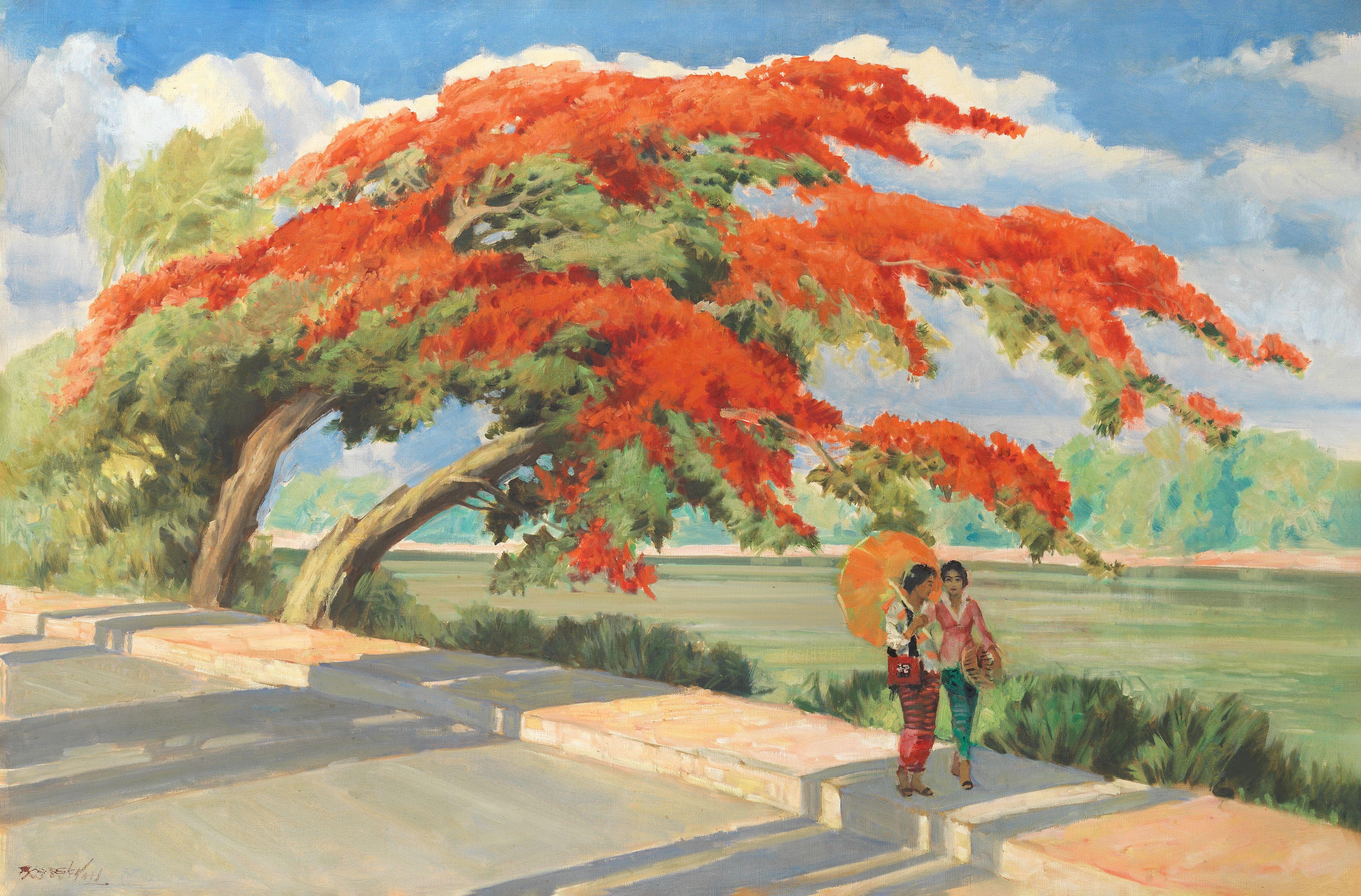 Raden Basoeki Abdullah - Two women walking beneath a flamboyant