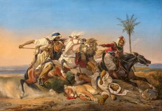Raden Saleh Ben Jaggia - Kampf arabischer Reiter mit Löwen.