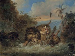 Raden Sarief Bustaman Saleh - A lion and lioness attacking a crocodile