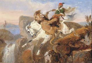 Raden Sarief Bustaman Saleh - The last embrace of foes: a Bedouin horseman attacked by a lion