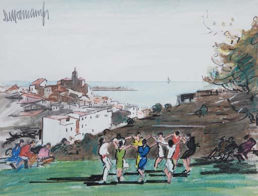 Rafael Durancamps - Vista de Cadaqués con personajes bailando una sardana (View of Cadaqués, with people dancing the sardana)