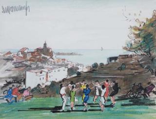 Rafael Durancamps - Vista de Cadaqués con personajes bailando una sardana (View of Cadaqués, with people dancing the sardana)