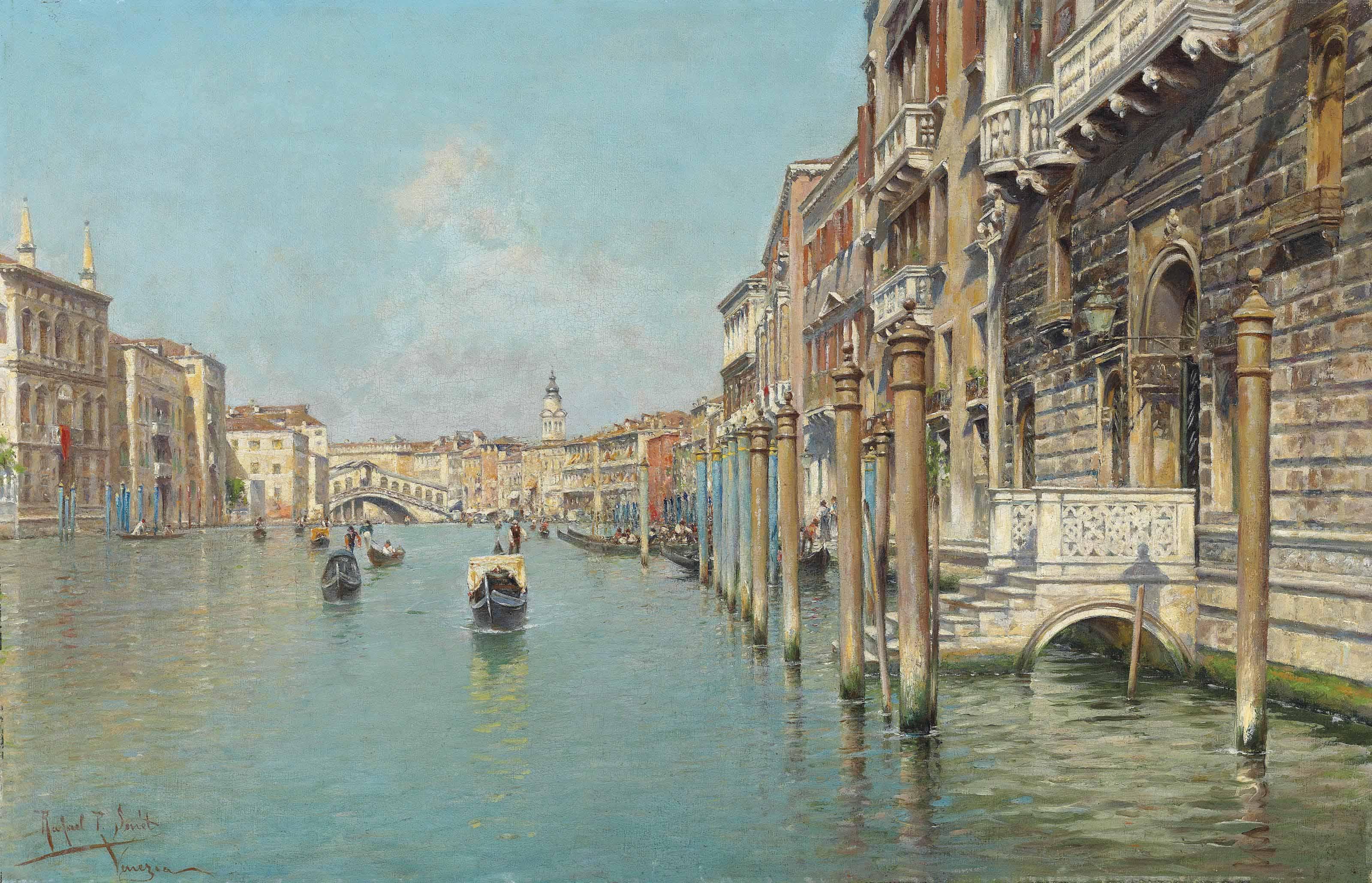 Rafael Senet Y Perez - On the Grand Canal, the Rialto Bridge beyond, Venice
