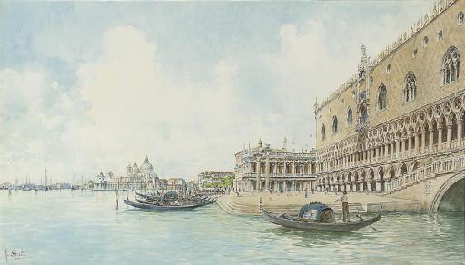 Rafael Senet - A goldolier before the Molo, Venice