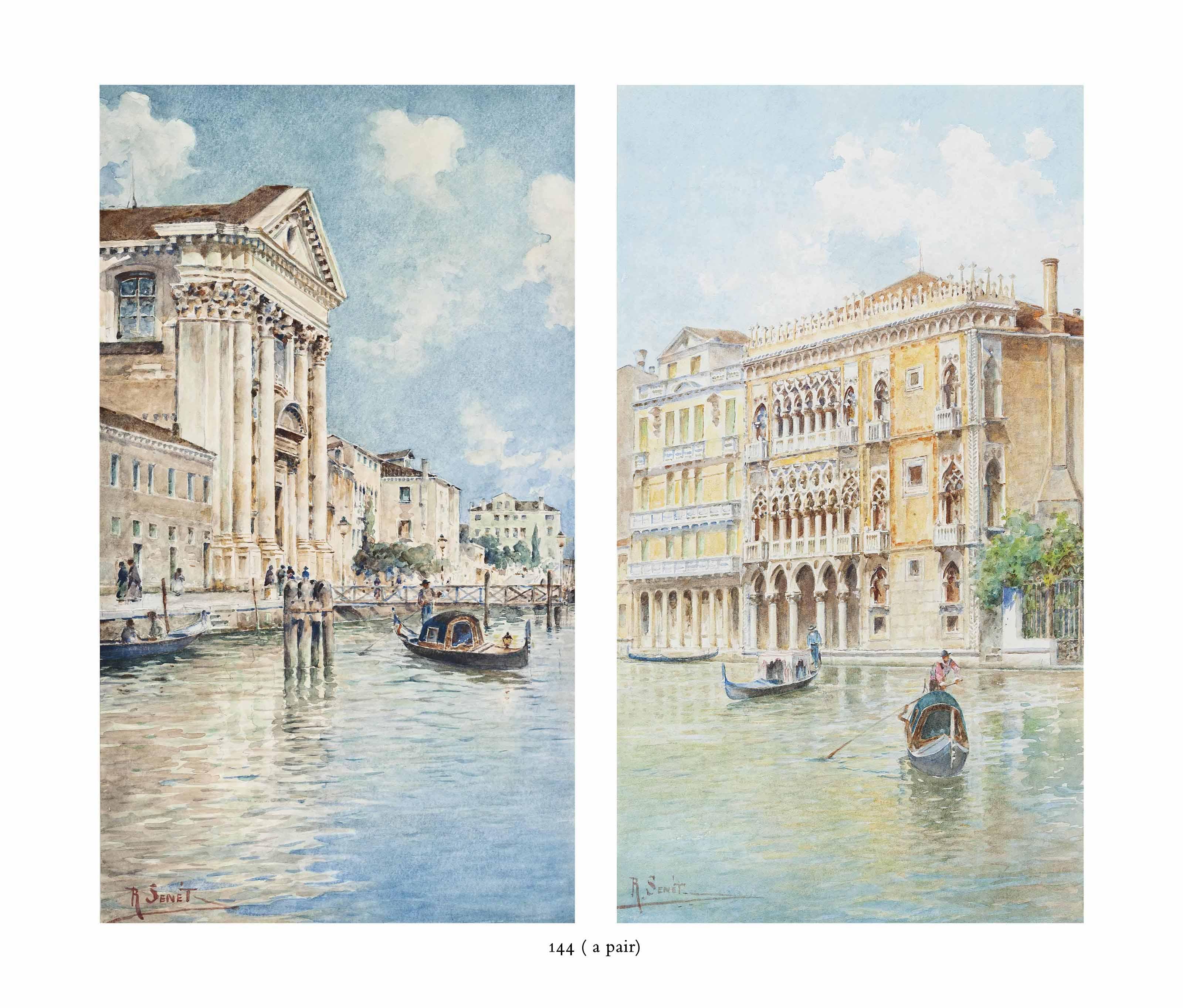 Rafael Senet - Gondoliers Before A Venetian Church; And Gondoliers On The Grand Canal, Venice