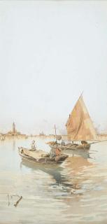 Raffaele Mainella - A gondola on the Lagoon; Boats sailing in the Lagoon