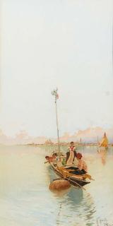 Raffaele Mainella - Figures on a fishing boat with Venice in the distance