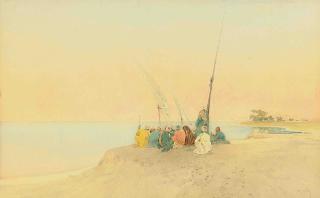 Raffaelle Mainella - Arabs on the coast at dusk