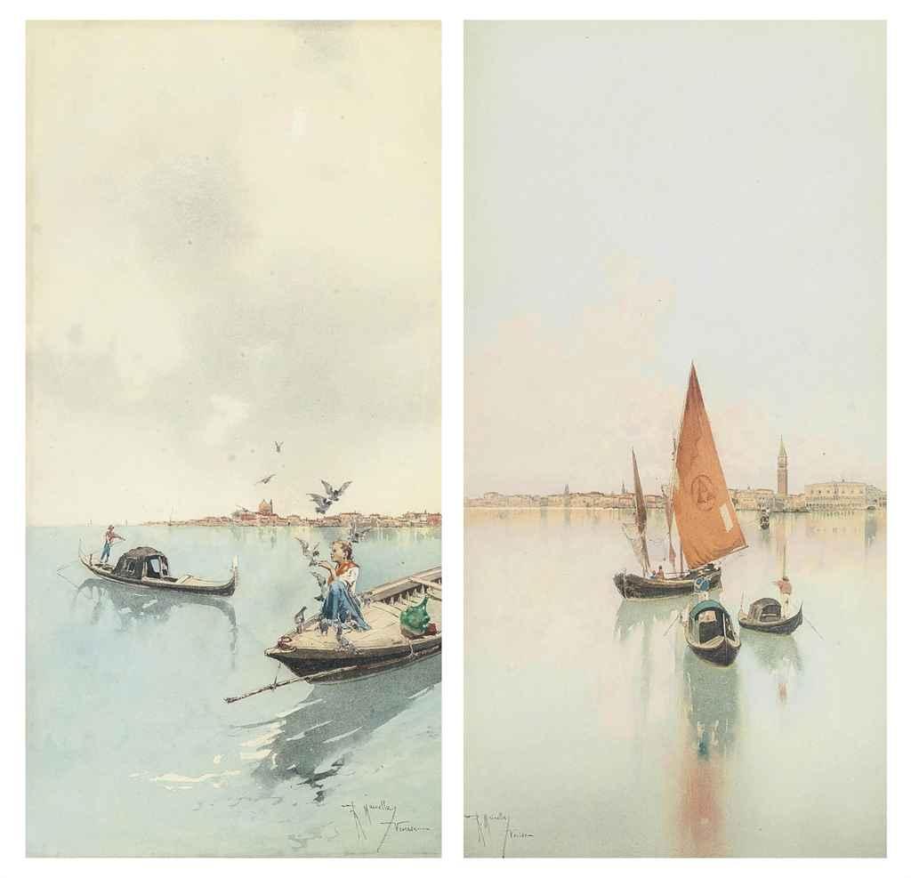 Raffaelle Mainella - Feeding the birds on the Venetian lagoon; and Gondolas and a fishing boat before Venice