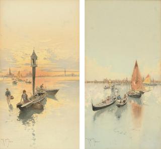 Raffaelle Mainella - Fishing for shrimp; and Gondolieri on the lagoon, Venice