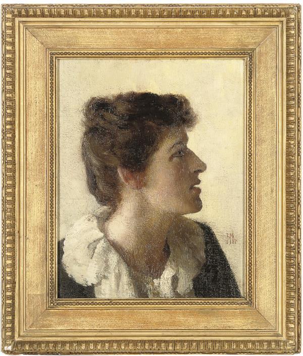 Raffaelle Mainella - Portrait of a lady, bust-length, in a blue dress with white lace collar