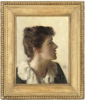 Raffaelle Mainella - Portrait of a lady, bust-length, in a blue dress with white lace collar