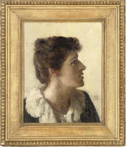 Raffaelle Mainella - Portrait of A Lady, Bust-Length, In A Blue Dress With White Lace Collar