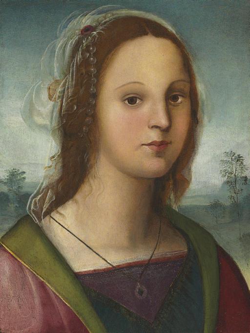 Raffaellino Del Garbo - Portrait of A Young Lady, Bust-Length, With A Pearl Headdress, A Landscape Beyond