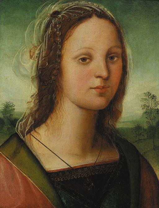 Raffaellino Del Garbo - Portrait of a young lady, bust-length, with a pearl headdress, a landscape beyond