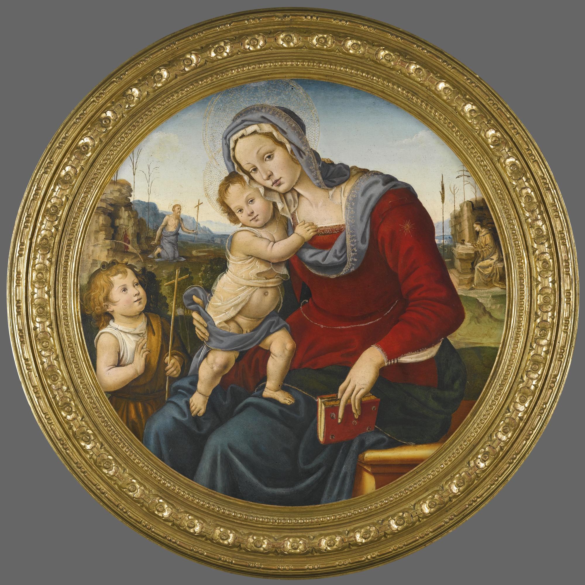 Raffaellino del Garbo - The Madonna And Child With The Infant Saint John The Baptist, Beyond Them A Landscape With Saints Jerome And Francis