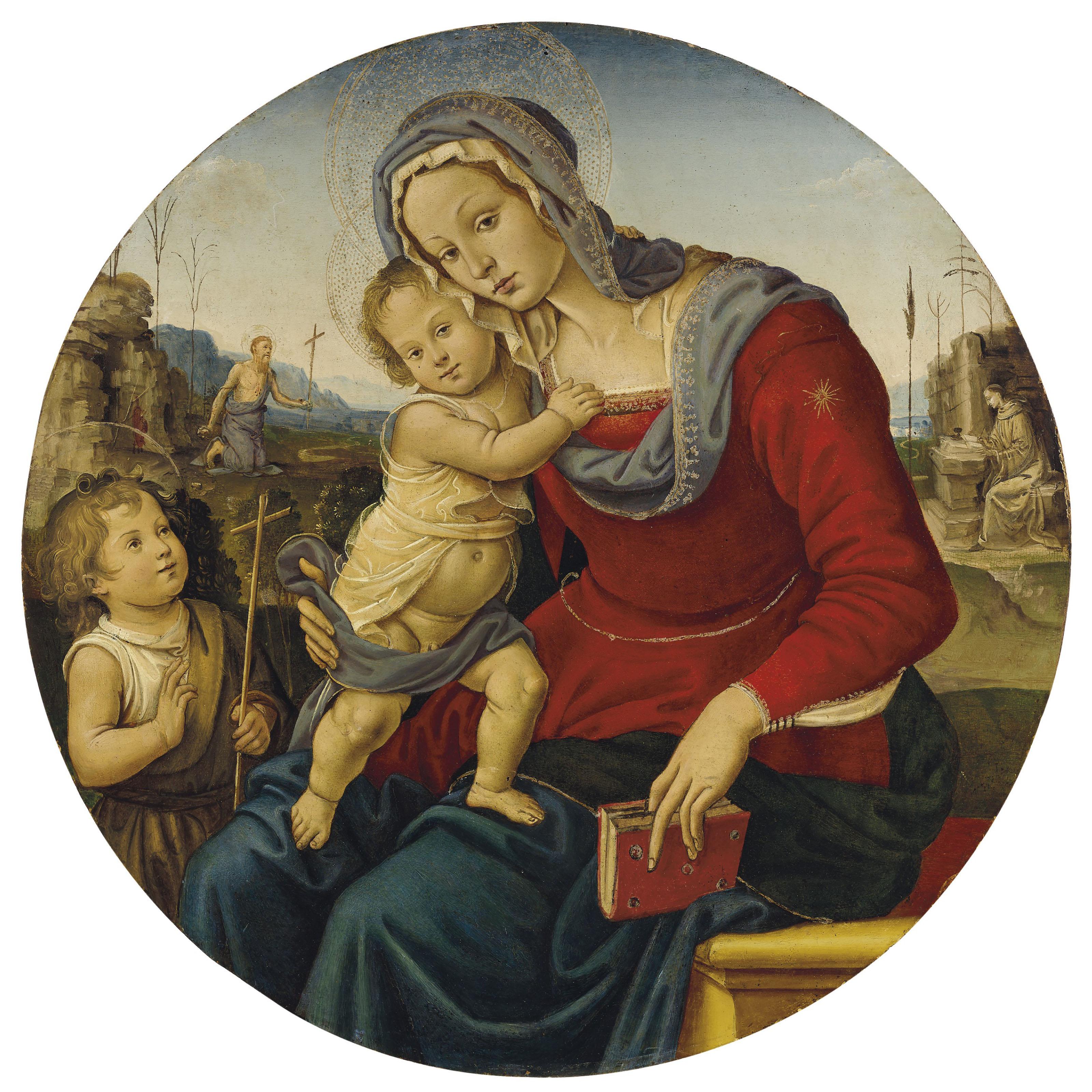 Raffaellino Del Garbo - The Madonna and Child with the Infant Saint John the Baptist, Saints Jerome and Francis beyond