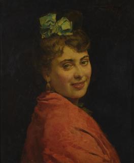 Raimundo de Madrazo y Garretta - A portait of a lady with a red shawl