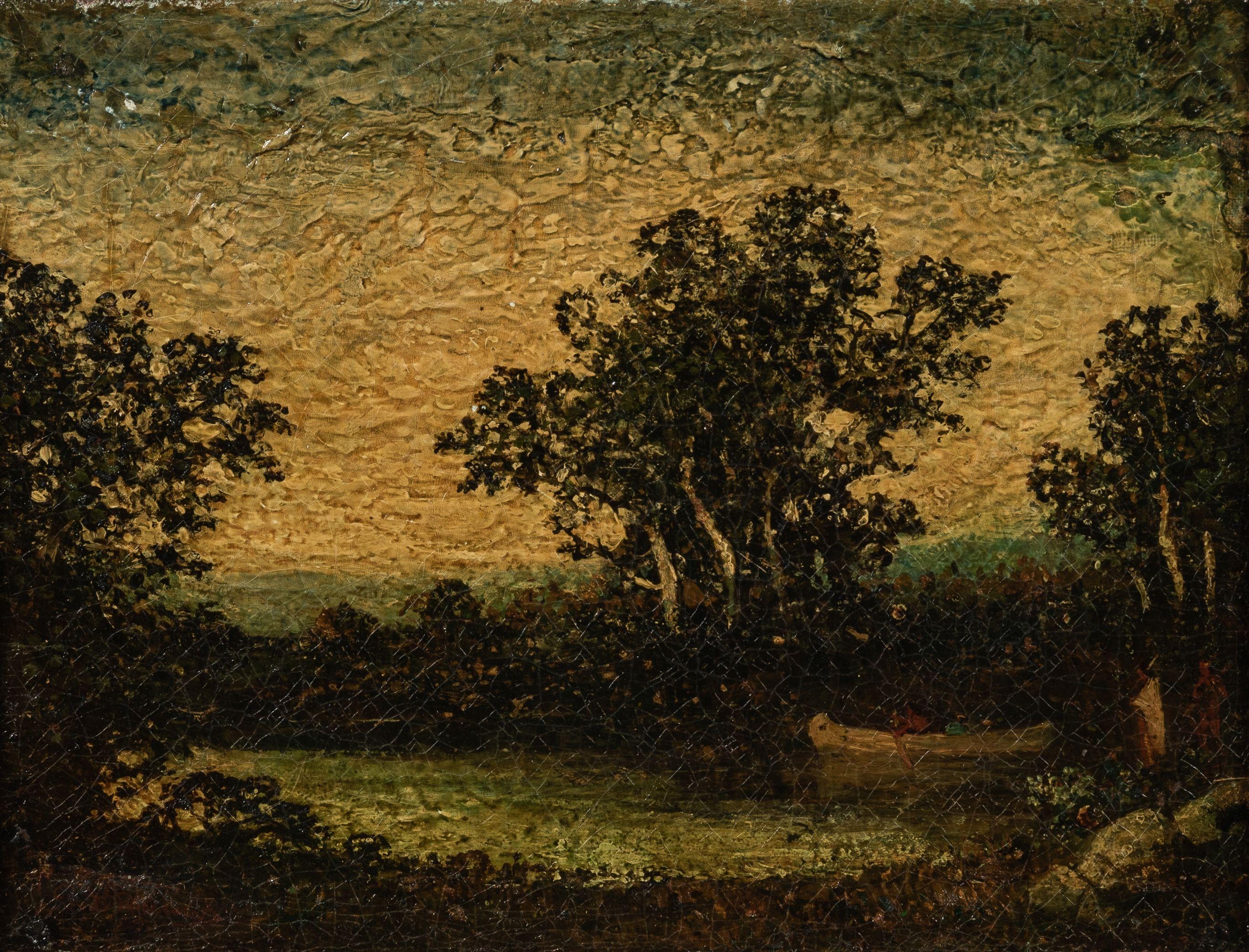 Ralph Albert Blakelock - Lake, Indians and Canoe