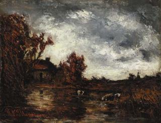 Ralph Albert Blakelock - View of a Cottage with Cows Watering