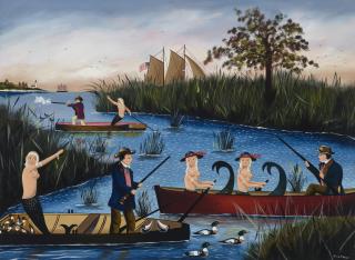 Ralph Cahoon - Riverscape With Duck Hunting