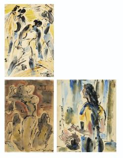 Ramkinkar Baij - Untitled (Women Threshing; Standing Nude; Woman at the Window)