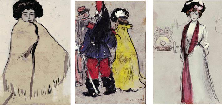 Ramón Casas I Carbó - Manola con mantón, El saludo de los militares, Mujer elegante con coche al fondo