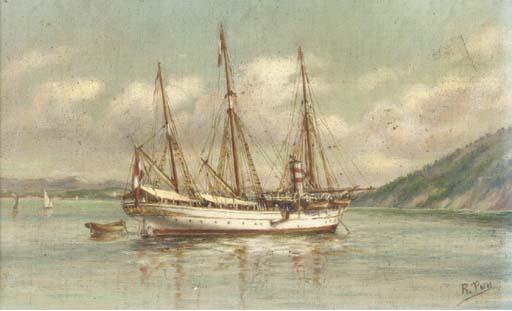 Ramón Pou - A steam yacht at anchor in coastal waters