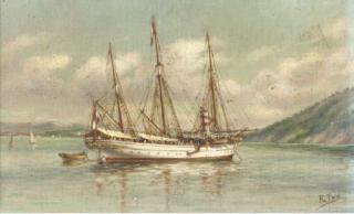 Ramón Pou - A steam yacht at anchor in coastal waters