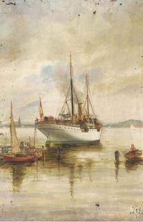 Ramón Pou - The Spanish steamer Villa de Puller lying at anchor