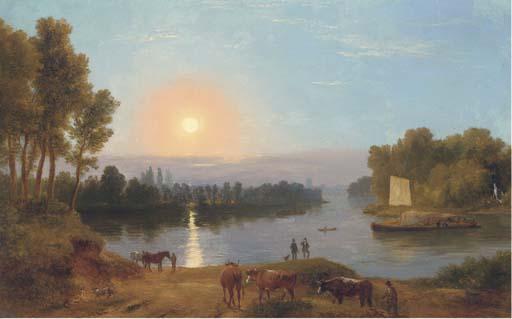 Ramsay Richard Reinagle, R.A. - An extensive river landscape, with figures and cattle in the foreground, possibly on the River Thames looking from Petersham Meadows towards Richmond Bridge