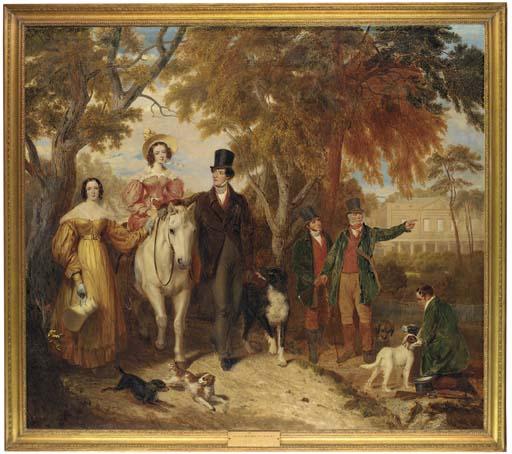 Ramsay Richard Reinagle, R.A. - Group Portrait of Edward Vernon, 4Th Baron Suffield, His Wife, Charlotte Susannah, Lady Suffield, Seated On A White Pony, And His Sister, Georgiana Mary, With Game Keepers And Dogs, Gunton Park Beyond