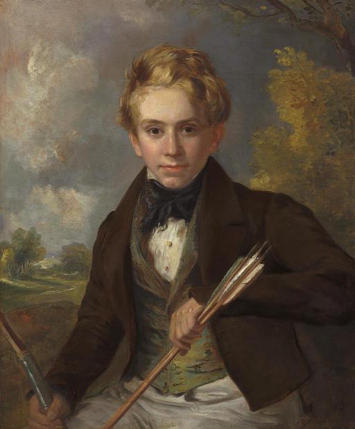 Ramsay Richard Reinagle, R.A. - Portrait of A Boy, Half-Length, In A Brown Jacket And Green Vest, Holding A Bow And Arrows, In A Landscape
