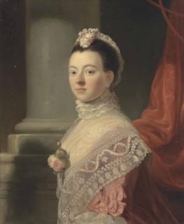 Ramsay Richard Reinagle, R.A. - Portrait of Anne, Lady North (c.1740-1797), wife of Frederick North, 2nd Baron North, three-quarter-length, in a pink dress and lace shawl with roses at her décolletage, and a lace head-dress, by a column