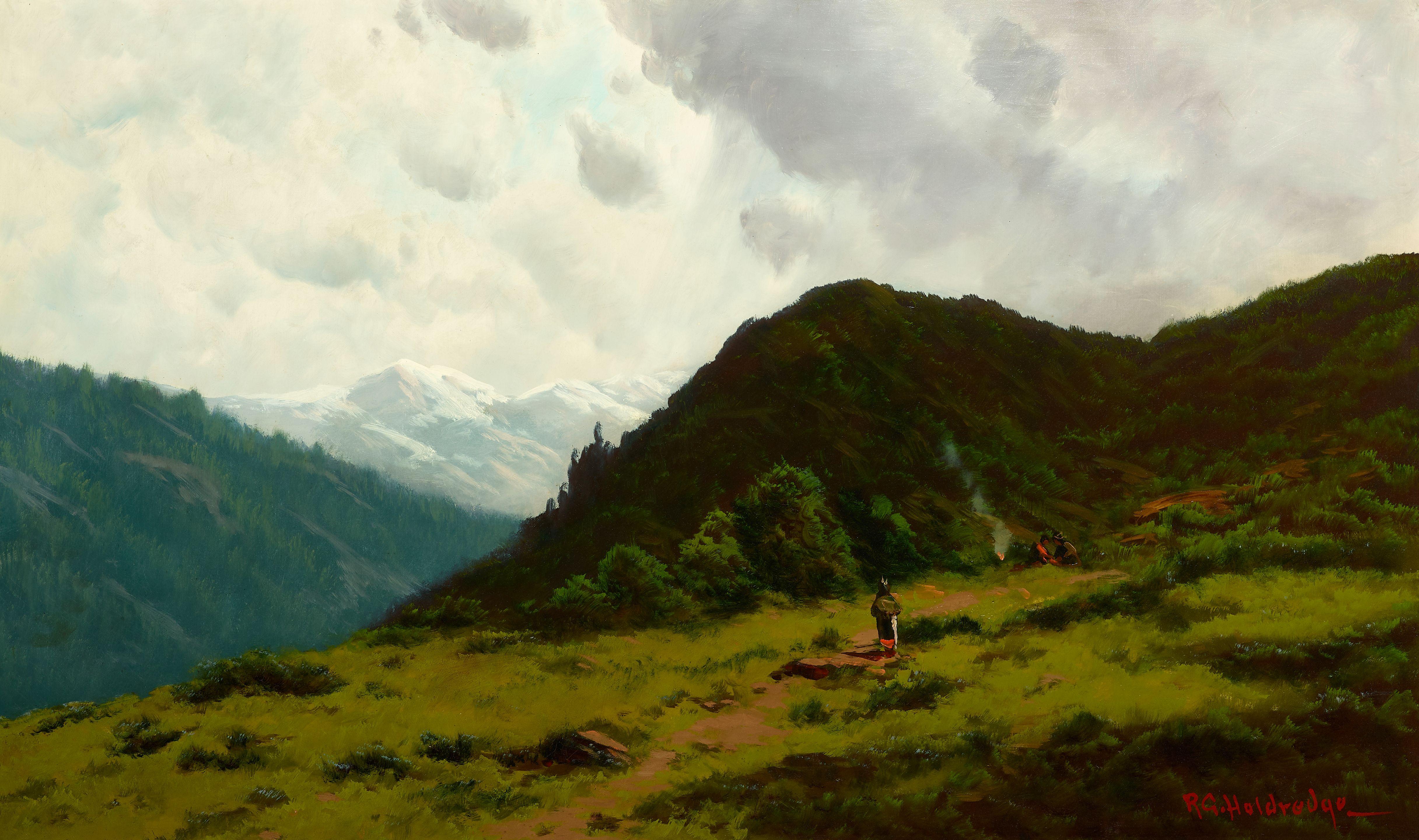 Ransome Gillet Holdredge - High Sierra Landscape with Indian Encampment 30 x 50 in. framed 44 x 63 in.