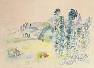 Raoul Dufy - Petite église dans la campagne et charrete de foin