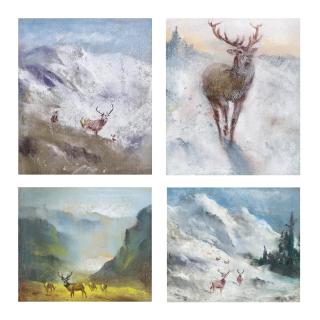 Raoul H. Millais - First snow, Sutherland; Mid Winter, Sutherland; First snow of winter; and Stags in a landscape