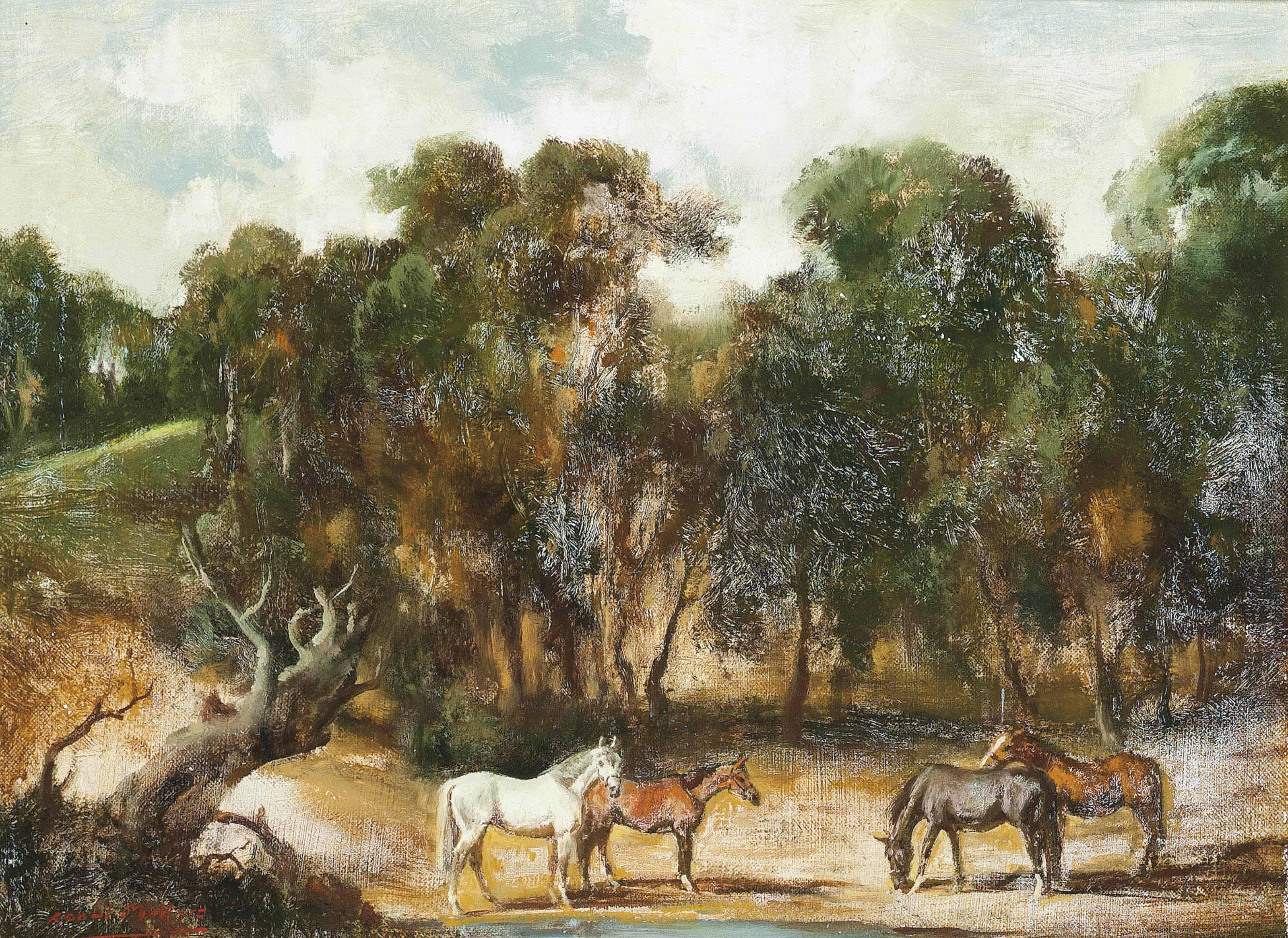 Raoul H. Millais - Horses grazing in a forest clearing