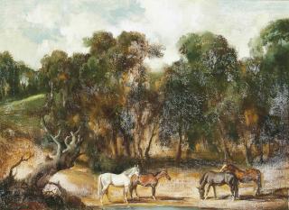 Raoul H. Millais - Horses grazing in a forest clearing