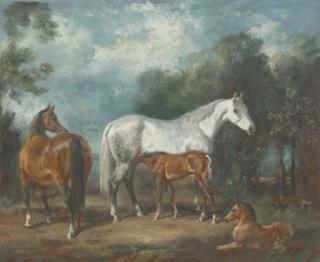 Raoul H. Millais - Mares and foals in a paddock