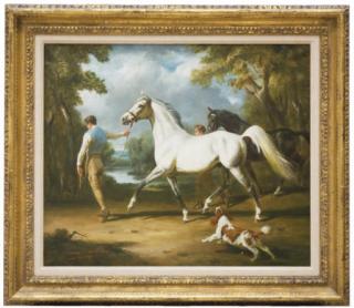 Raoul H. Millais - Two Horses With Grooms And A Spaniel In A Landscape