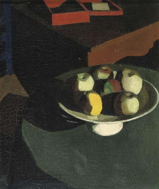 Raoul Hynckes - A still life with apples and a lemon in a bowl