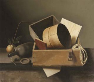 Raoul Hynckes - A still life with boxes, a bottle and an apple