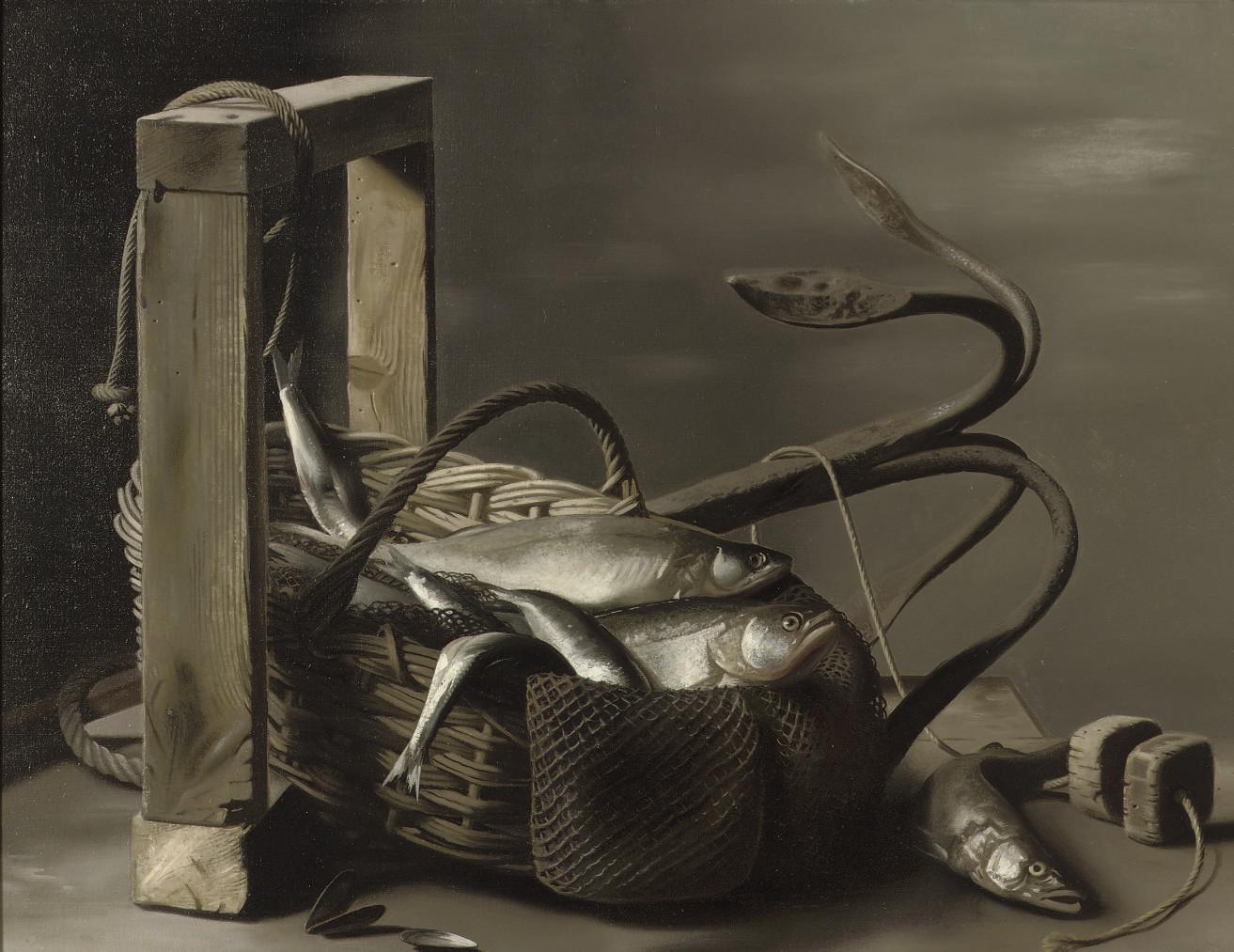 Raoul Hynckes - A still life with fish in a basket and an anchor