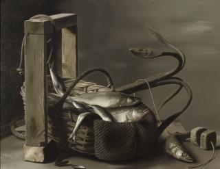 Raoul Hynckes - A still life with fish in a basket and an anchor