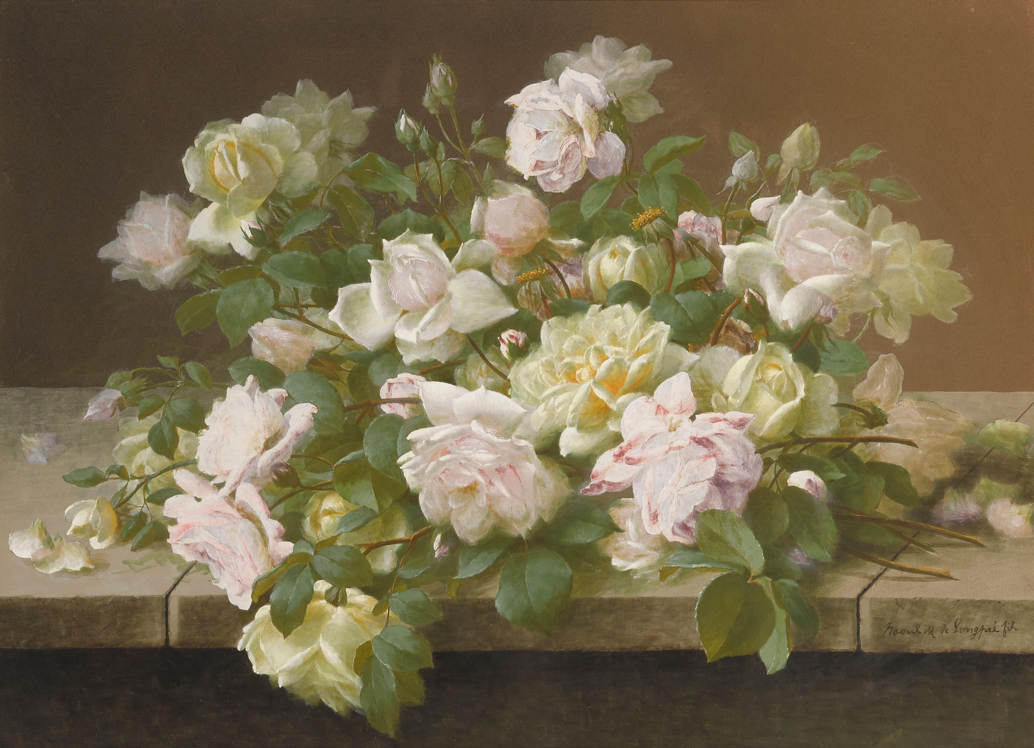 Raoul M. De Longpre - Cut roses on a stone fence