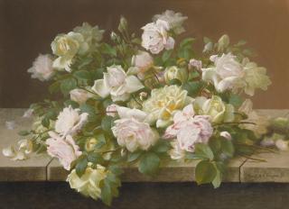 Raoul M. De Longpre - Cut roses on a stone fence